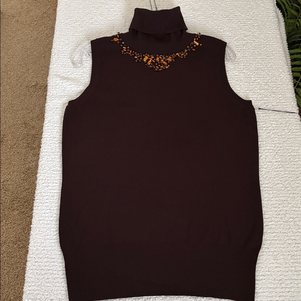 BCBGMaxAzria Rich Brown Embellished Turtleneck Sleeveless Sweater- Size Large